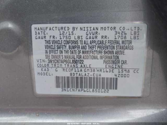 3N1CN7AP6GL850122 Nissan Versa 1.6 S+