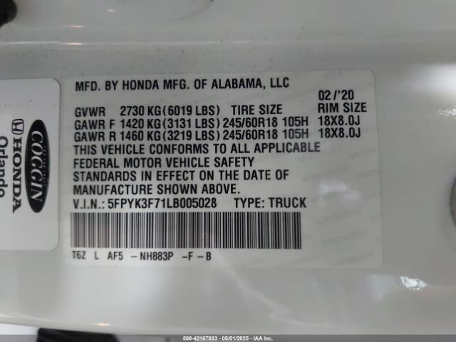 5FPYK3F71LB005028 Honda Ridgeline Rtl-e