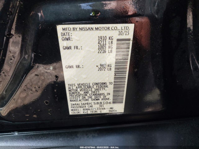Nissan Altima 2.5 S 2015 1N4AL3AP8FC588106 Image 9