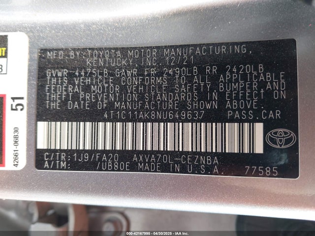 4T1C11AK8NU649637 Toyota CAMRY LE