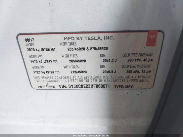 2017 TESLA MODEL X 5YJXCBE23HF060671 Photo 8