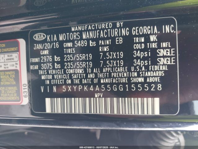 5XYPK4A55GG155528 KIA Sorento 3.3l Sx