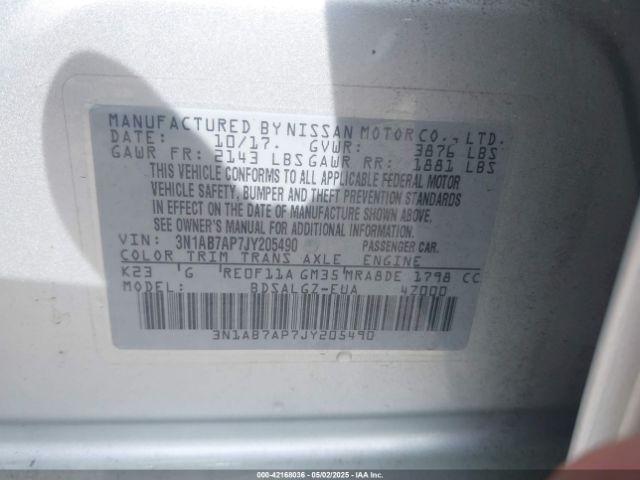 3N1AB7AP7JY205490 Nissan SENTRA SL