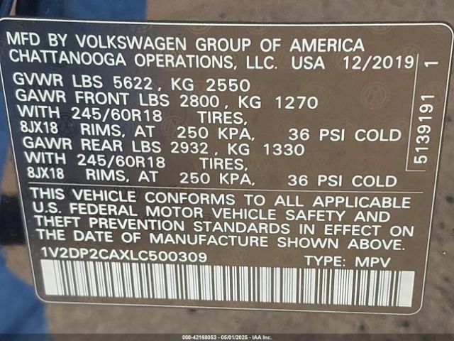 1V2DP2CAXLC500309 Volkswagen Atlas 2.0t Se