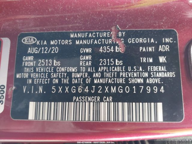 5XXG64J2XMG017994 KIA K5 Gt-line