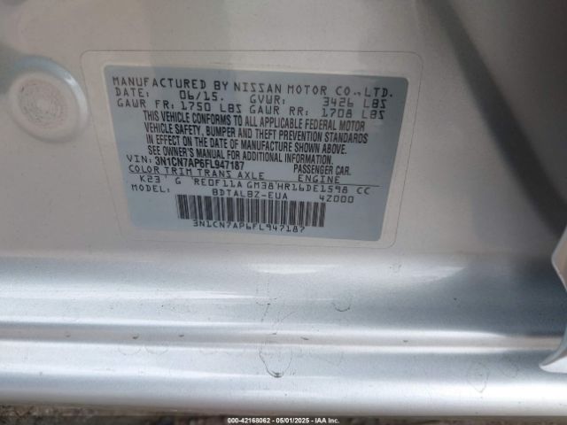 3N1CN7AP6FL947187 Nissan Versa 1.6 Sv