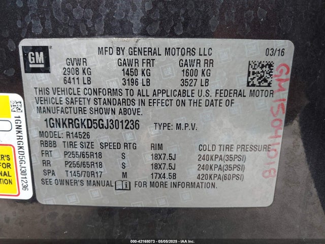 1GNKRGKD5GJ301236 Chevrolet Traverse 1lt