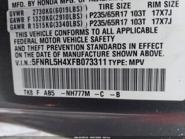 5FNRL5H4XFB073311 Honda ODYSSEY EX