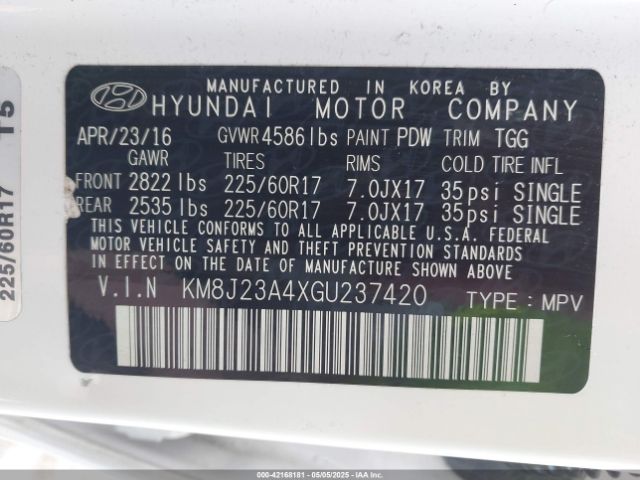 KM8J23A4XGU237420 Hyundai TUCSON SE