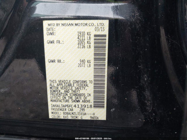 1N4AL3AP6FC413918 Nissan Altima 2.5 Sv