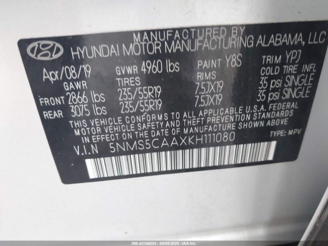 2019 HYUNDAI SANTA FE 5NMS5CAAXKH111080 Photo 8