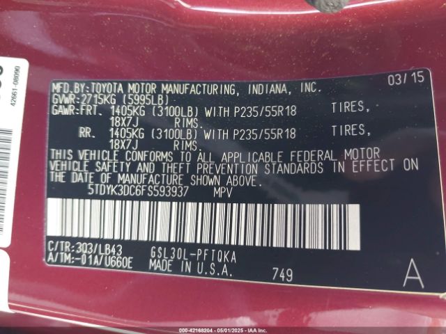 5TDYK3DC6FS593937 Toyota Sienna Limited Premium 7 Passenger