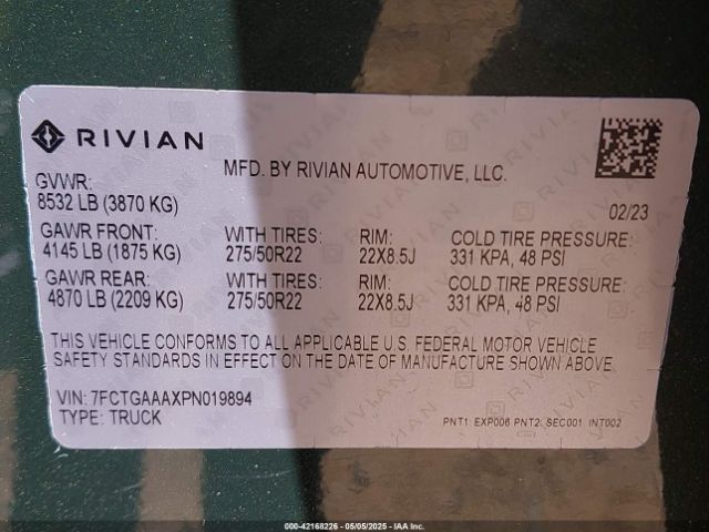 2023 RIVIAN R1T 7FCTGAAAXPN019894 Photo 8
