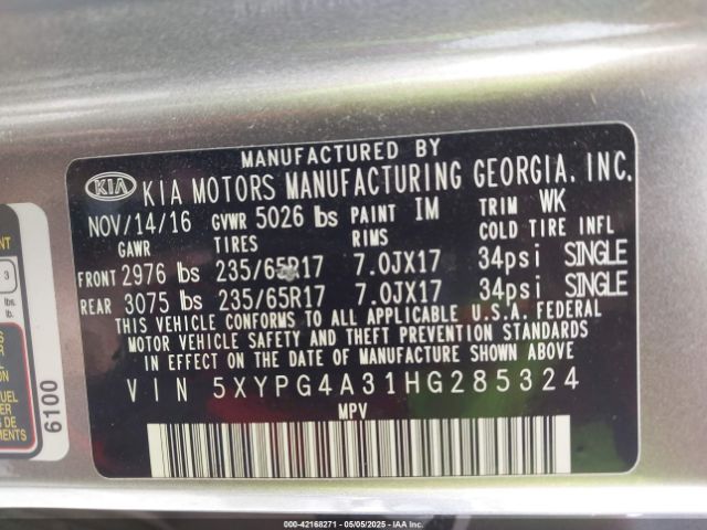 5XYPG4A31HG285324 KIA Sorento 2.4l L