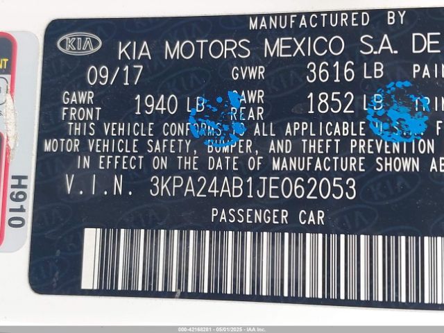 3KPA24AB1JE062053 KIA RIO LX