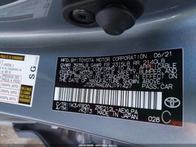 JTDEPMAE6NJ191427 Toyota COROLLA LE