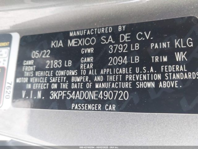 3KPF54AD0NE490720 KIA Forte Gt-line