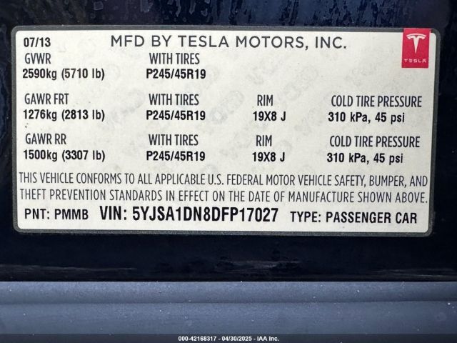 2013 TESLA MODEL S 5YJSA1DN8DFP17027 Photo 8