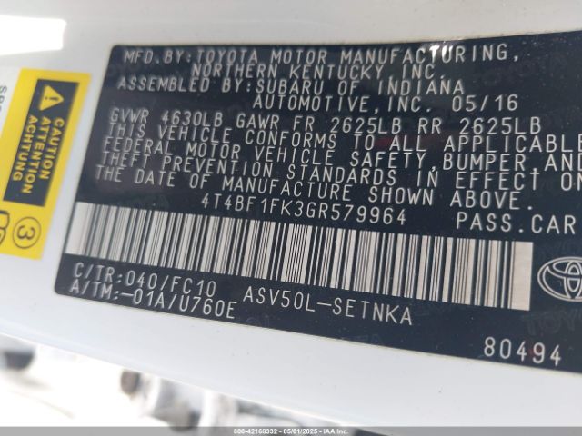 4T4BF1FK3GR579964 Toyota CAMRY LE