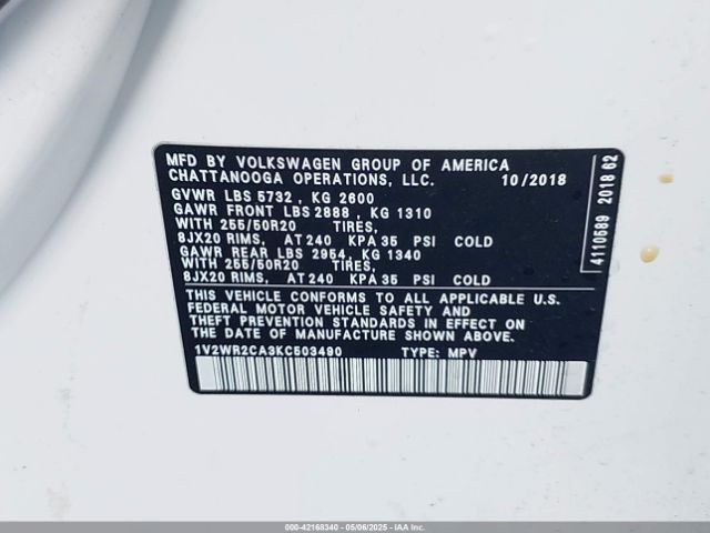 1V2WR2CA3KC503490 Volkswagen Atlas 3.6l V6 Se W/technology