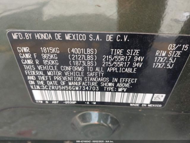 3CZRU5H56GM734703 Honda HR-V EX