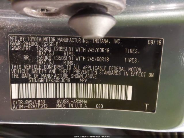 5TDJGRFH7KS053019 Toyota Highlander Hybrid Xle