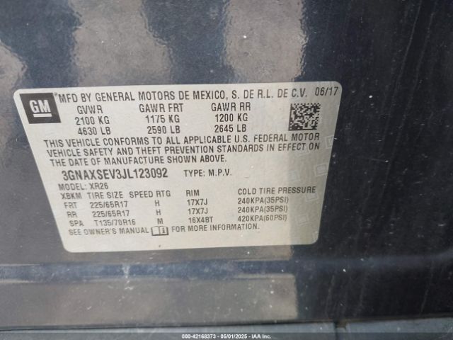 3GNAXSEV3JL123092 Chevrolet EQUINOX LT