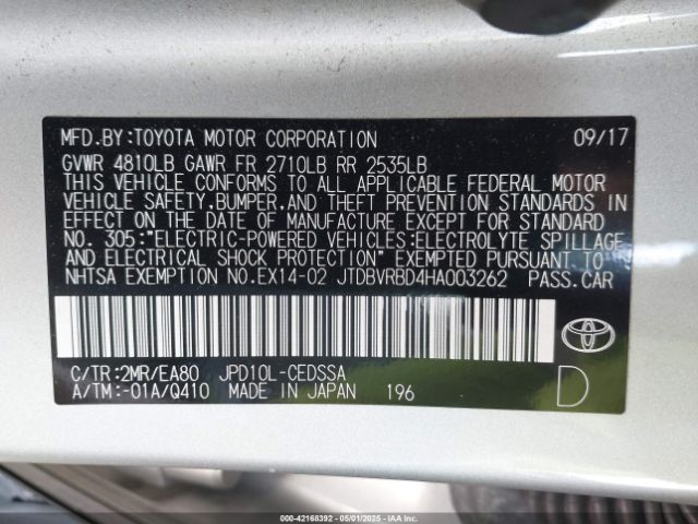 JTDBVRBD4HA003262 Toyota Mirai