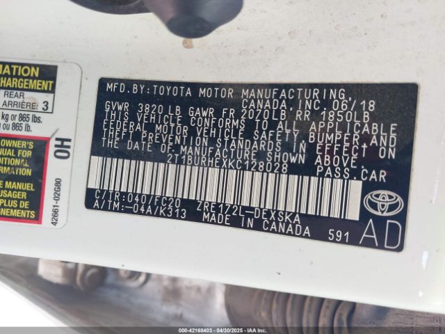 2019 TOYOTA COROLLA 2T1BURHEXKC128028 Photo 8