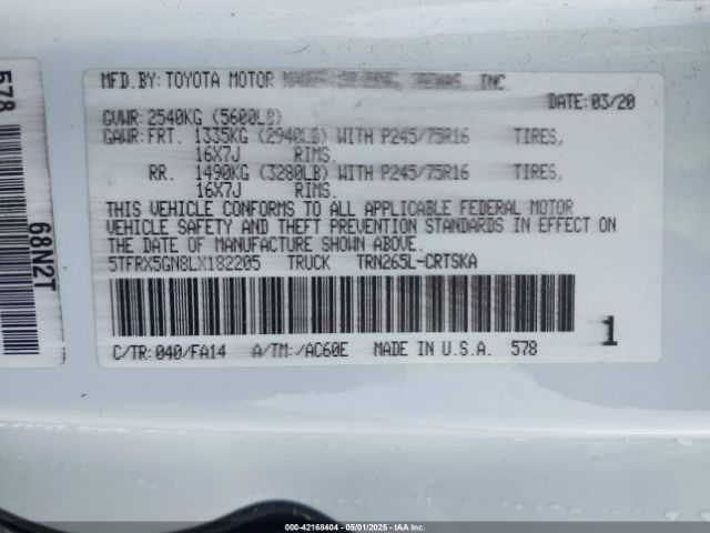 2020 TOYOTA TACOMA 5TFRX5GN8LX182205 Photo 8
