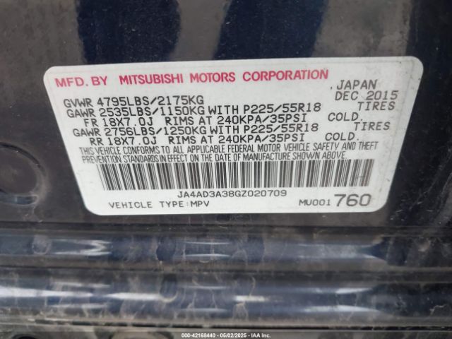 JA4AD3A38GZ020709 Mitsubishi Outlander Sel