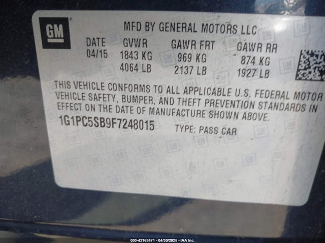 1G1PC5SB9F7248015 Chevrolet Cruze 1lt Auto