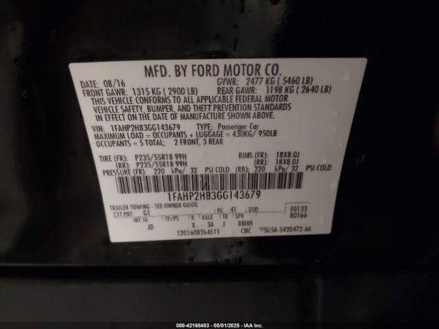 1FAHP2H83GG143679 Ford TAURUS SEL