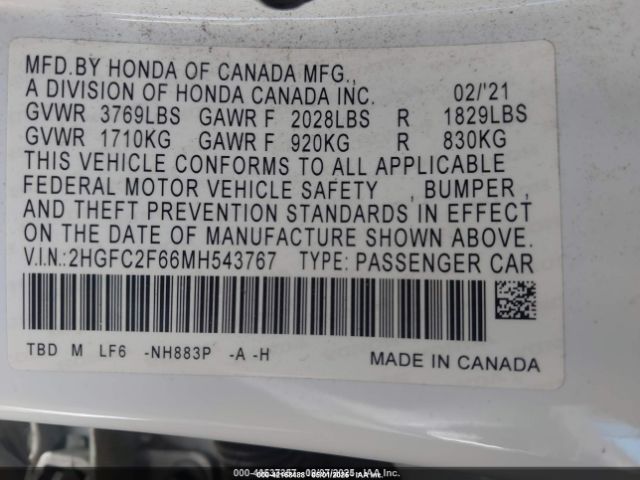 2HGFC2F66MH543767 Honda Civic Lx