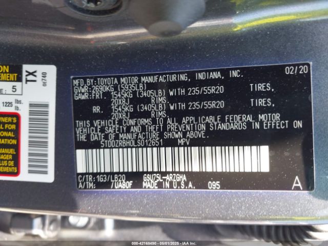 5TDDZRBH0LS012651 Toyota Highlander Limited