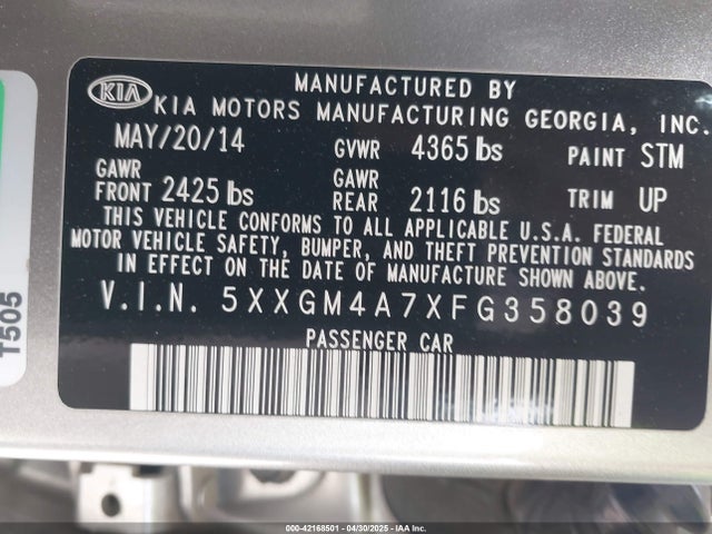 5XXGM4A7XFG358039 KIA Optima Lx