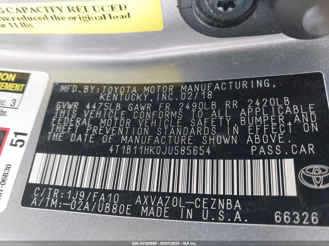 4T1B11HK0JU585654 Toyota a25a-fks