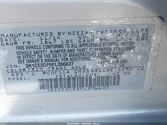 3N1CE2CP5FL396637 Nissan Versa Note S (sr)/s Plus/sl/sr/sv