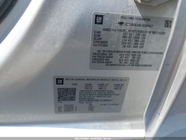 3GTU9DED9LG299417 GMC Sierra 1500 4wd  Short Box Slt