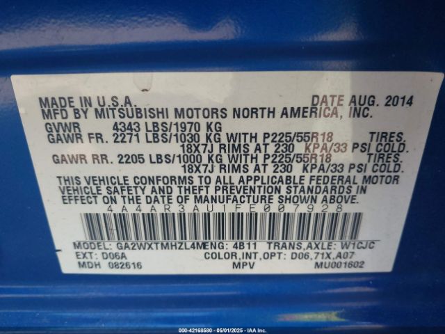 4A4AR3AU1FE007928 Mitsubishi Outlander Sport Es