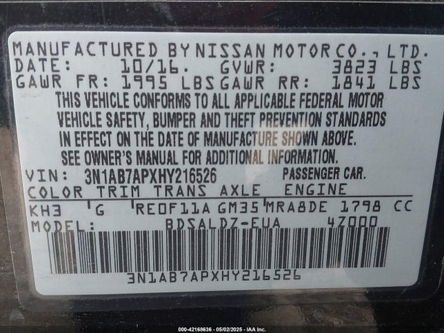 3N1AB7APXHY216526 Nissan SENTRA SV