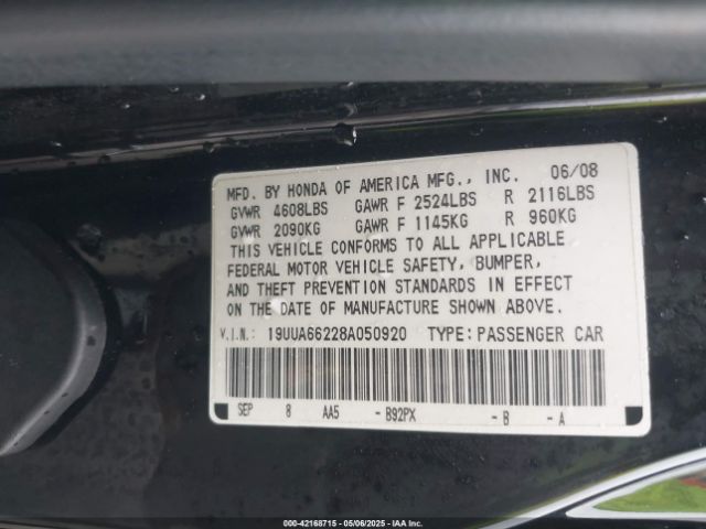 2008 ACURA TL 19UUA66228A050920 Photo 8