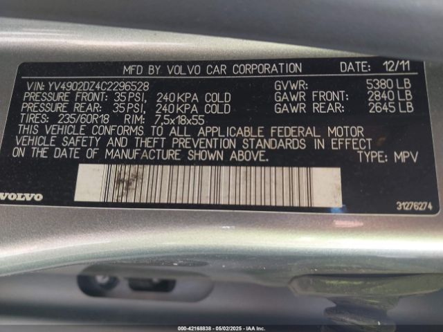 2012 VOLVO XC60 YV4902DZ4C2296528 Photo 8