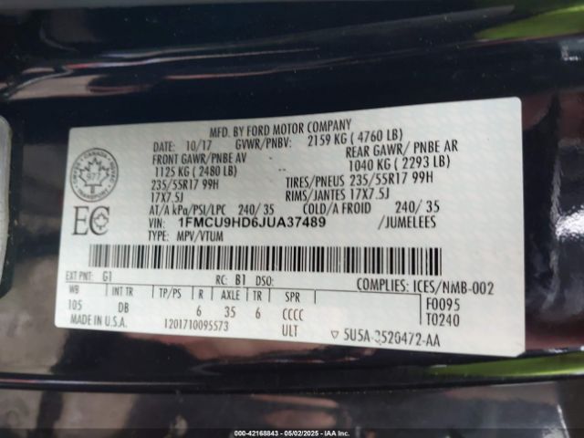 1FMCU9HD6JUA37489 Ford ESCAPE SEL