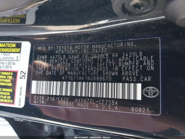 4T1G11AK1NU688670 Toyota CAMRY SE