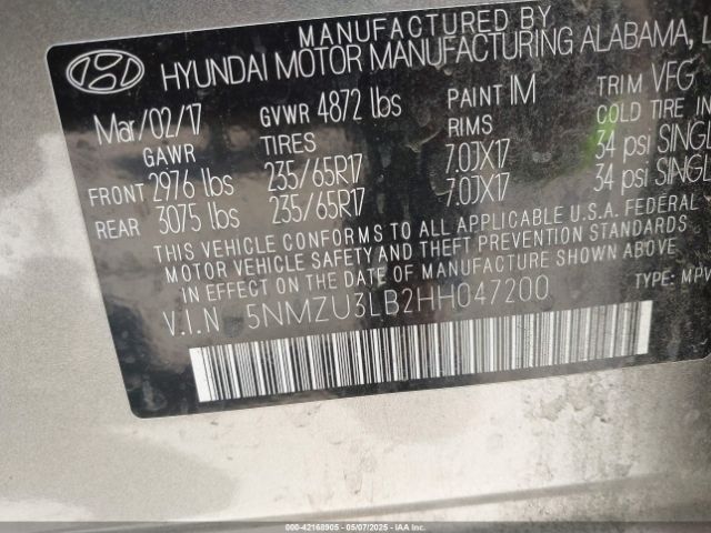 5NMZU3LB2HH047200 Hyundai Santa Fe Sport 2.4l