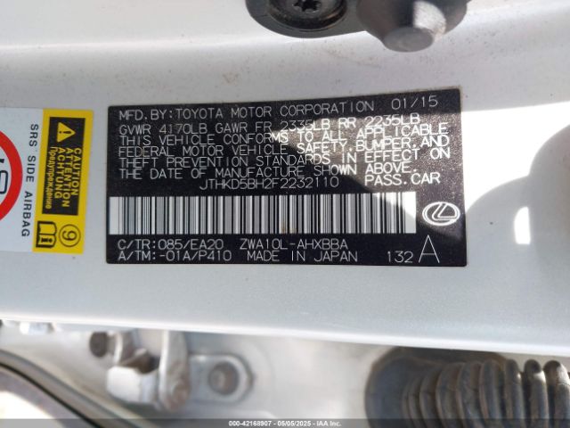 JTHKD5BH2F2232110 Lexus CT 200H