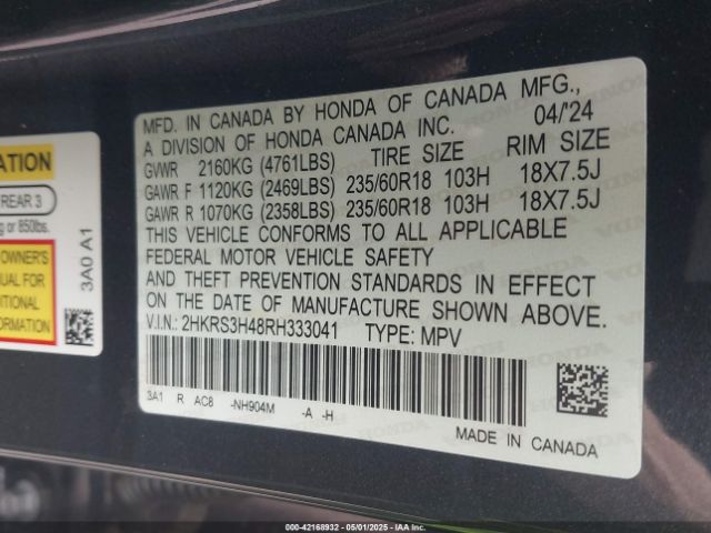 2HKRS3H48RH333041 Honda Cr-v Ex 2wd