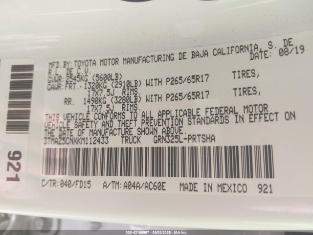 3TMAZ5CNXKM112433 Toyota Tacoma Trd Sport