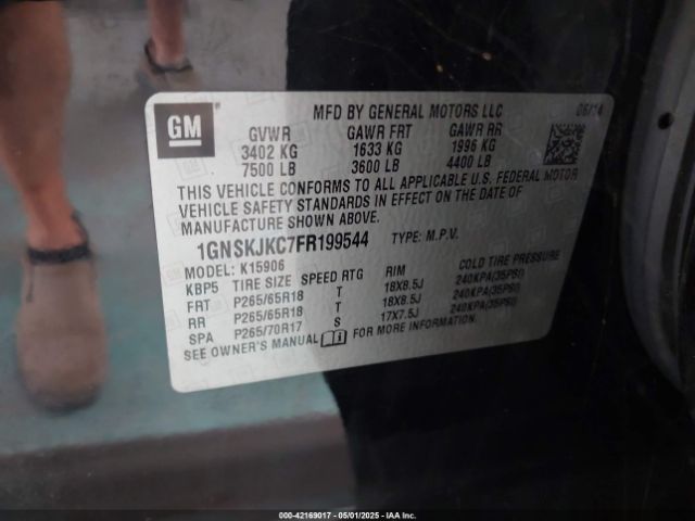1GNSKJKC7FR199544 Chevrolet Suburban 1500 Lt